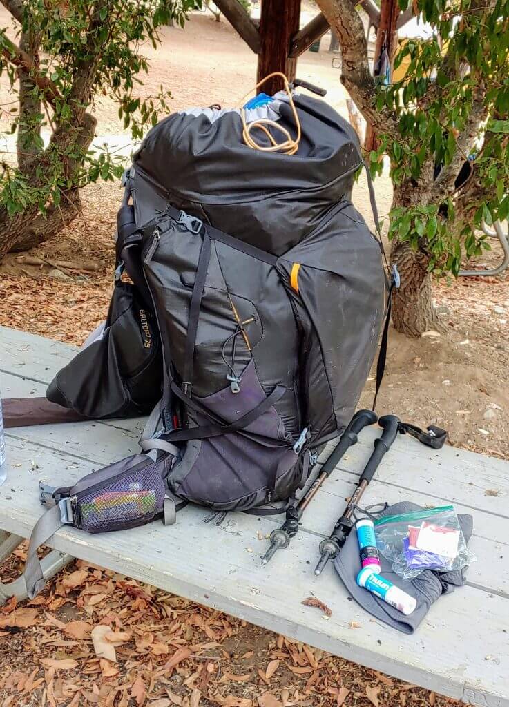Gregory backpack packed up for first day of hiking on the Trans Catalina Trail
