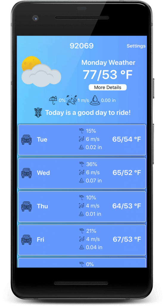 Screenshot of Weather Ride app on iOS Device