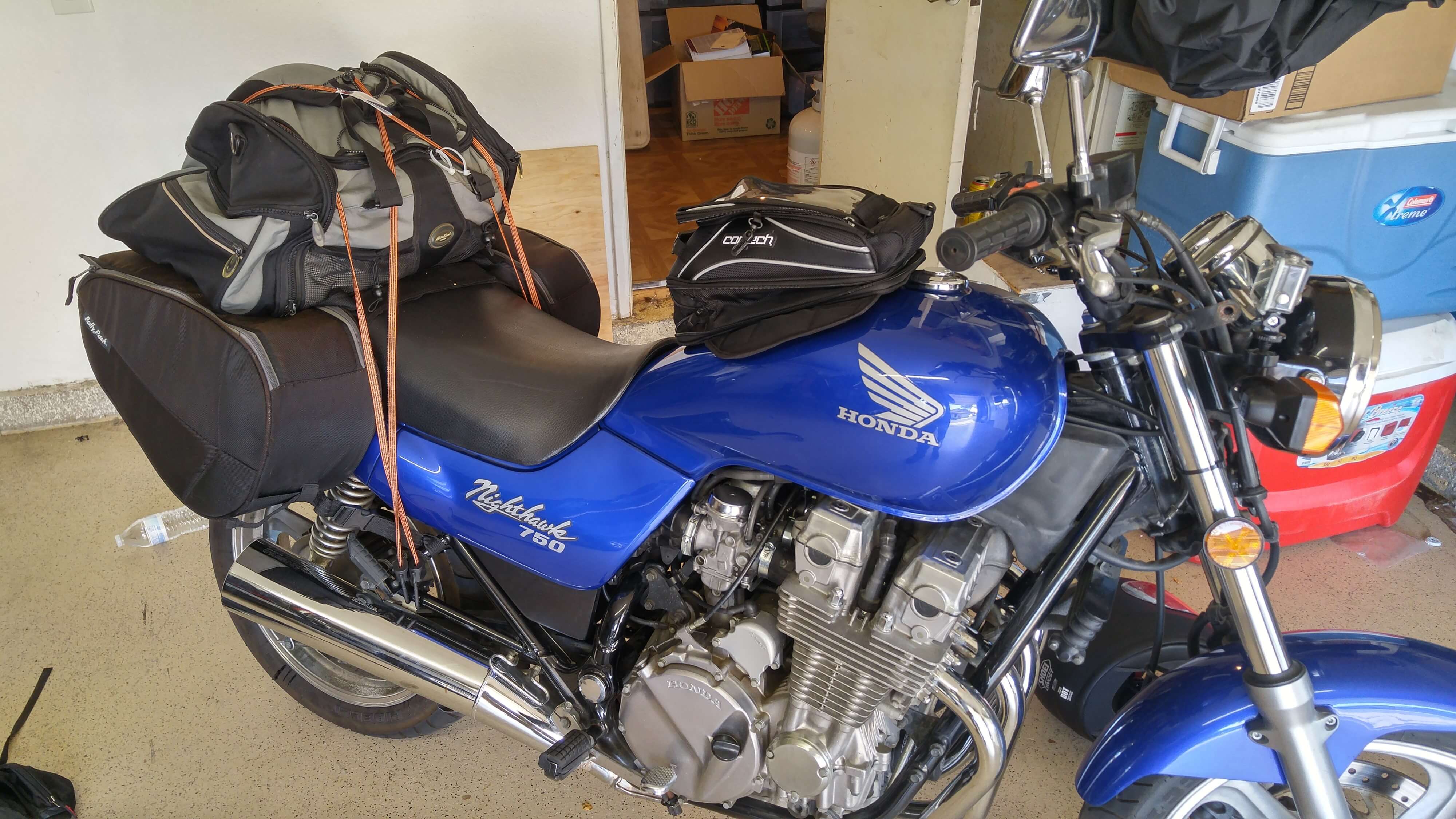 1993 Honda Nighthawk motorcycle all packed up for a long ride