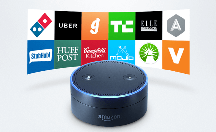 Amazon Alexa Dot speaker with logos behind