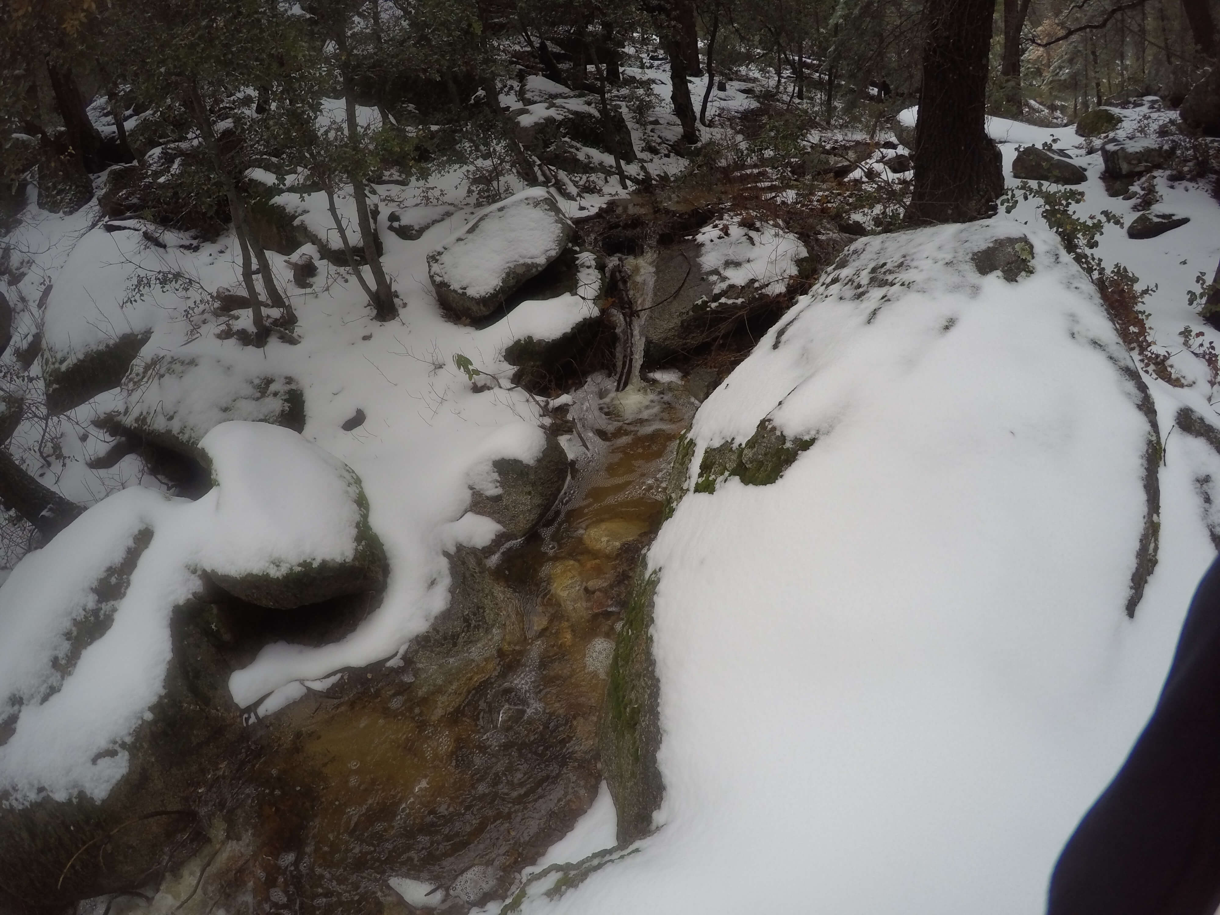Stream crossing along the trail in the snow Palomar Mountain, CA