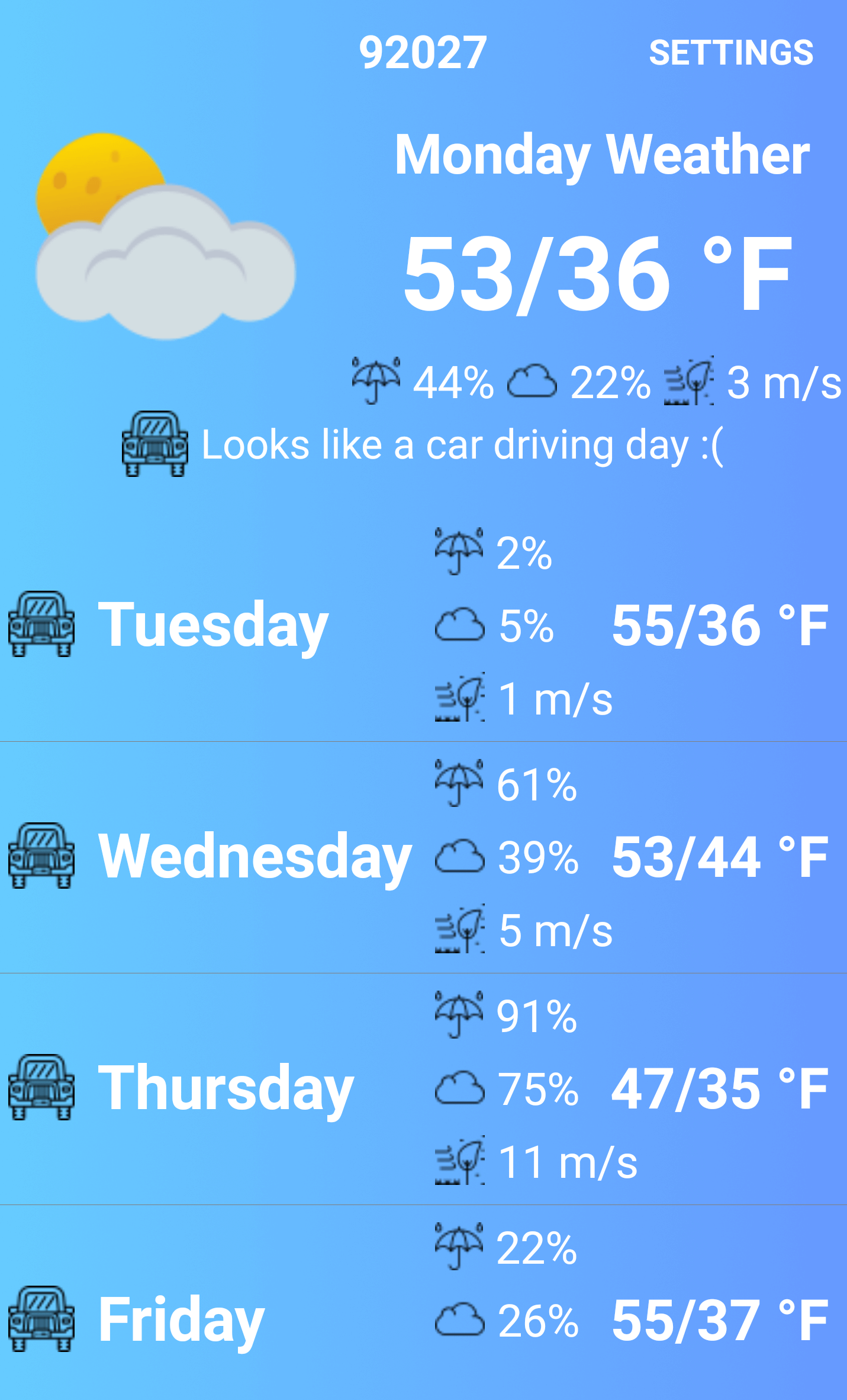 Current UI of Weather Ride mobile app.